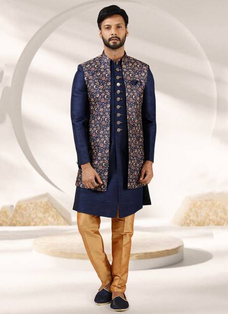 Blue Colour Festive Wear Banarasi Silk Digital Print Kurta Pajama With Jacket Mens Collection 1404